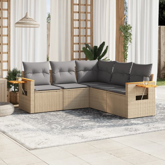 5-tlg. Garten-Sofagarnitur mit Kissen Schwarz Poly Rattan