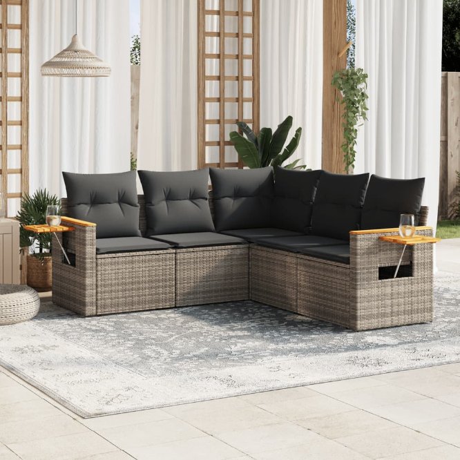 5-tlg. Garten-Sofagarnitur mit Kissen Schwarz Poly Rattan