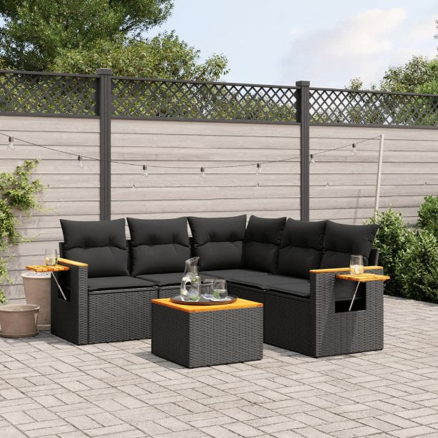5-tlg. Garten-Sofagarnitur mit Kissen Schwarz Poly Rattan