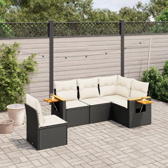 5-tlg. Garten-Sofagarnitur mit Kissen Schwarz Poly Rattan