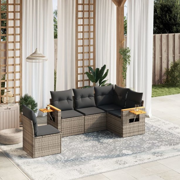 5-tlg. Garten-Sofagarnitur mit Kissen Schwarz Poly Rattan