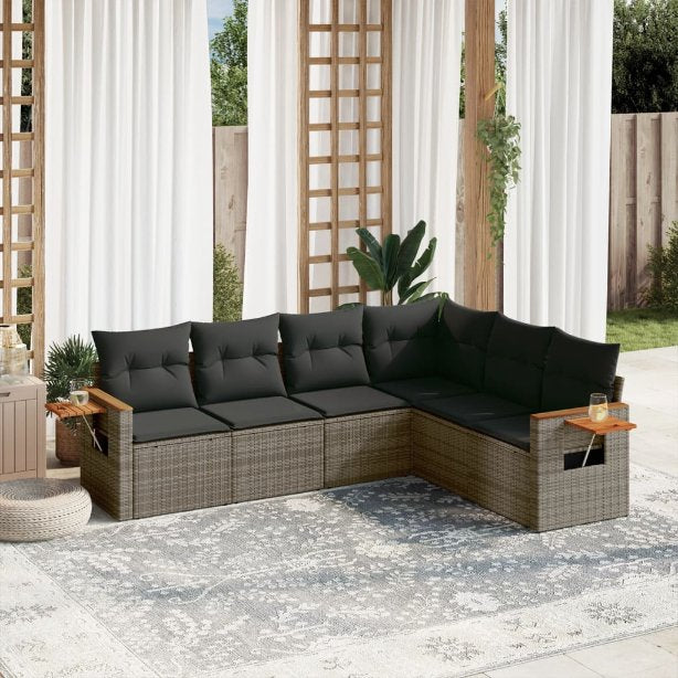 6-tlg. Garten-Sofagarnitur mit Kissen Schwarz Poly Rattan
