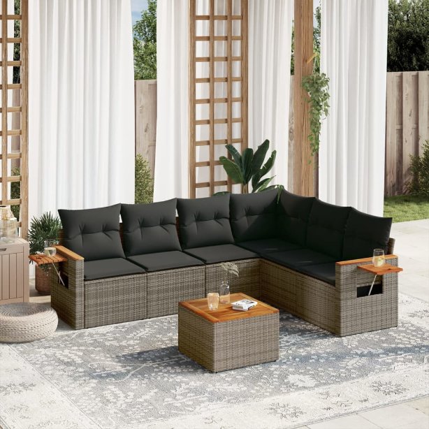 6-tlg. Garten-Sofagarnitur mit Kissen Schwarz Poly Rattan
