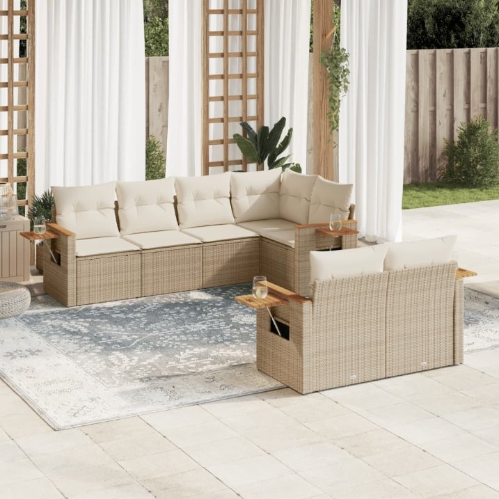 7-tlg. Garten-Sofagarnitur mit Kissen Schwarz Poly Rattan