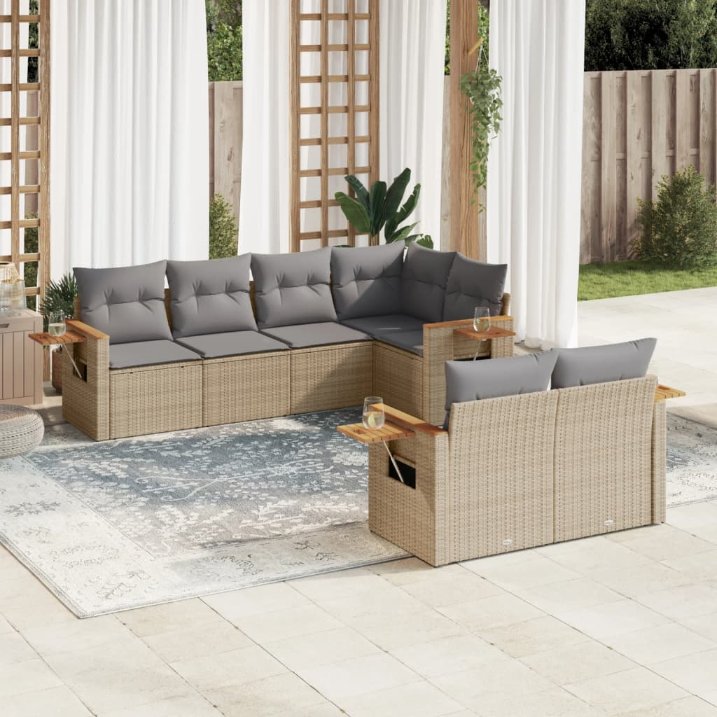 7-tlg. Garten-Sofagarnitur mit Kissen Schwarz Poly Rattan