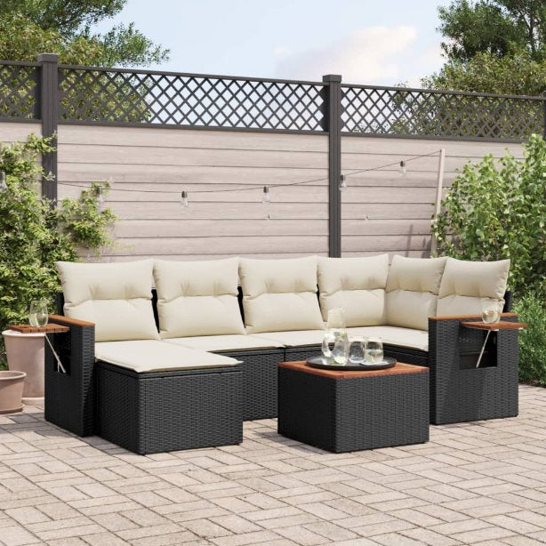 6-tlg. Garten-Sofagarnitur mit Kissen Schwarz Poly Rattan