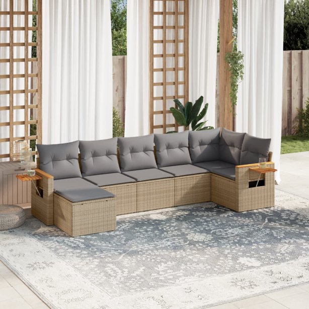 7-tlg. Garten-Sofagarnitur mit Kissen Schwarz Poly Rattan