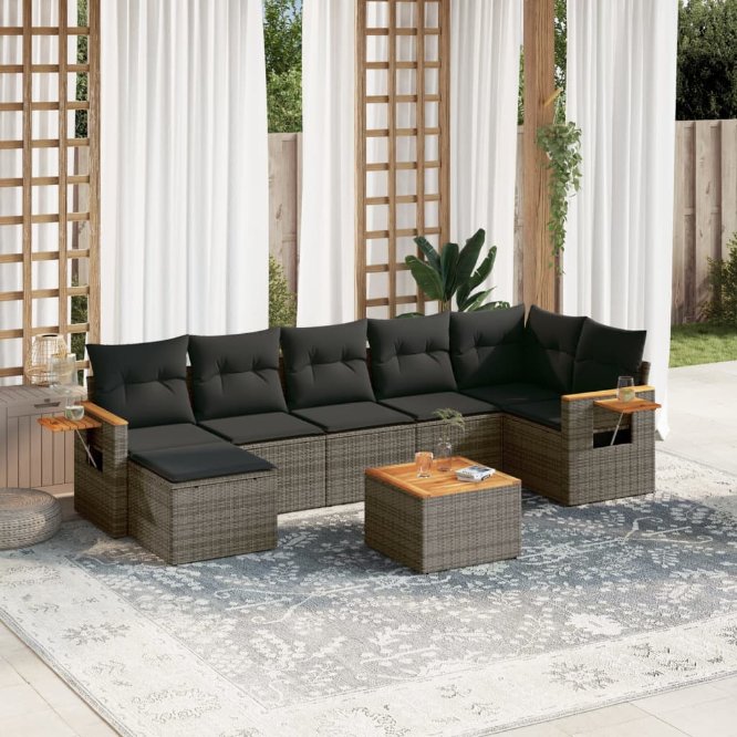 7-tlg. Garten-Sofagarnitur mit Kissen Schwarz Poly Rattan
