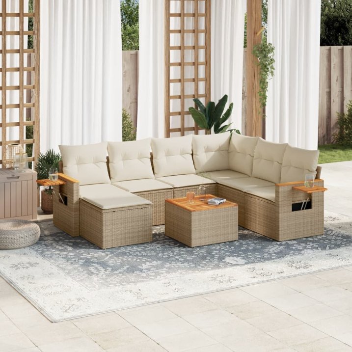 7-tlg. Garten-Sofagarnitur mit Kissen Schwarz Poly Rattan