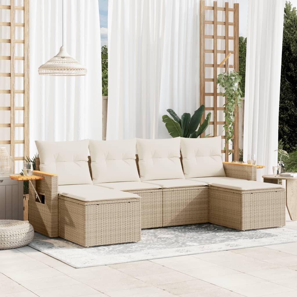 6-tlg. Garten-Sofagarnitur mit Kissen Schwarz Poly Rattan