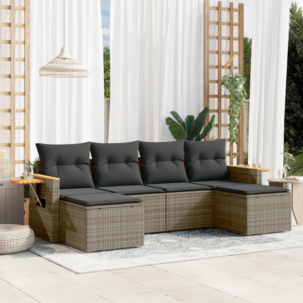 6-tlg. Garten-Sofagarnitur mit Kissen Schwarz Poly Rattan