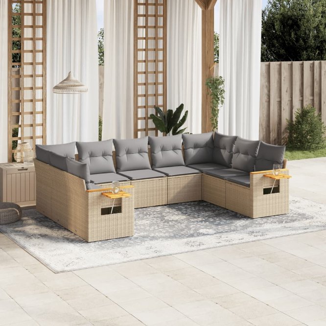 9-tlg. Garten-Sofagarnitur mit Kissen Schwarz Poly Rattan
