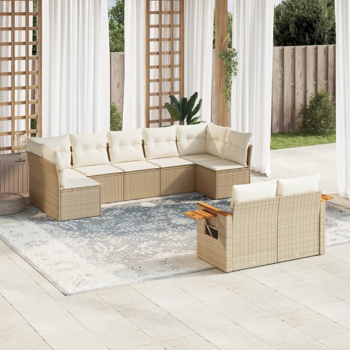9-tlg. Garten-Sofagarnitur mit Kissen Schwarz Poly Rattan