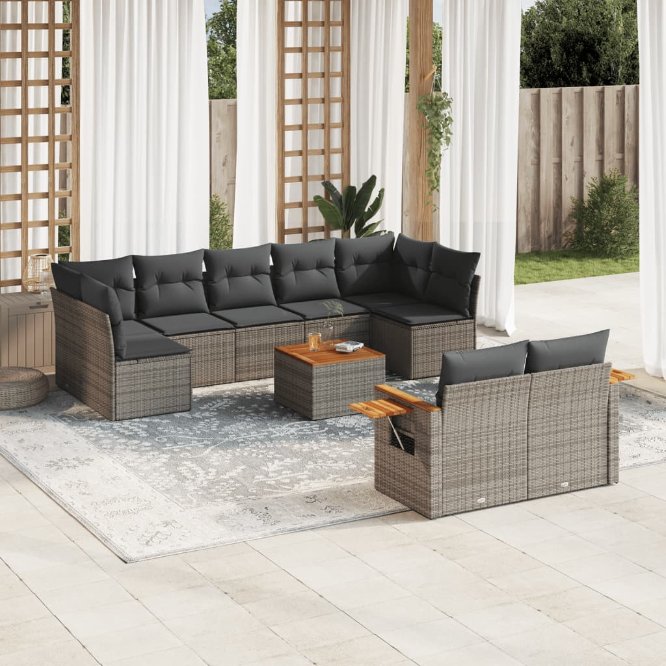 9-tlg. Garten-Sofagarnitur mit Kissen Schwarz Poly Rattan