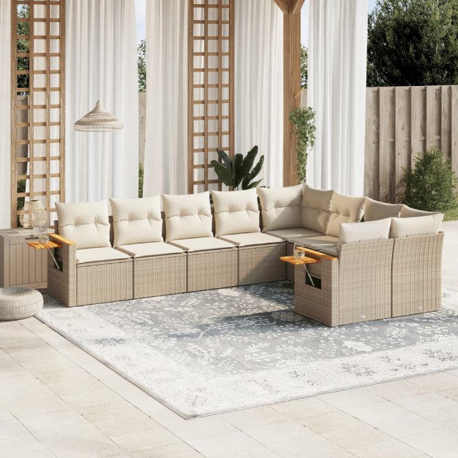 9-tlg. Garten-Sofagarnitur mit Kissen Schwarz Poly Rattan