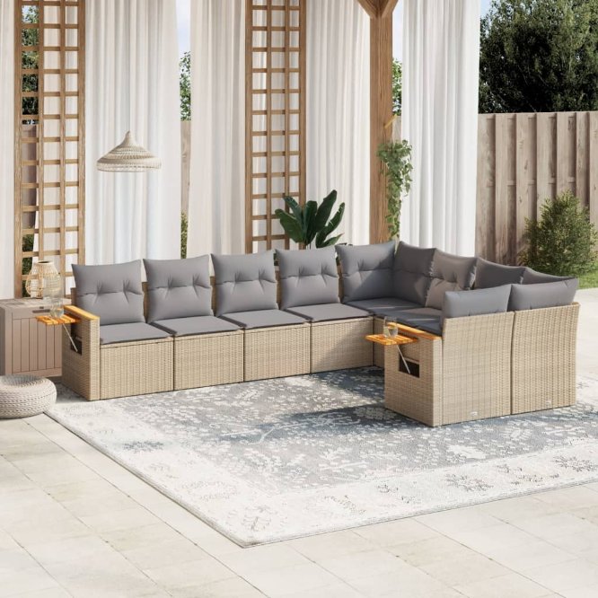 9-tlg. Garten-Sofagarnitur mit Kissen Schwarz Poly Rattan