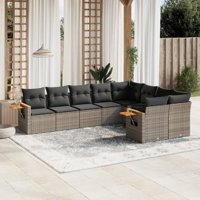 9-tlg. Garten-Sofagarnitur mit Kissen Schwarz Poly Rattan