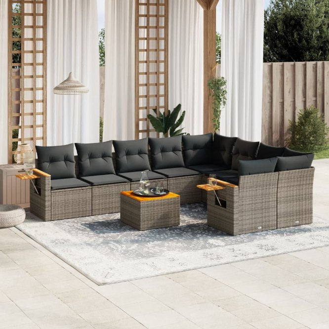9-tlg. Garten-Sofagarnitur mit Kissen Schwarz Poly Rattan