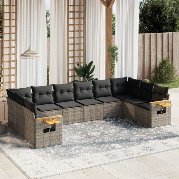 vidaXL 10-tlg. Garten-Sofagarnitur mit Kissen Schwarz Poly Rattan