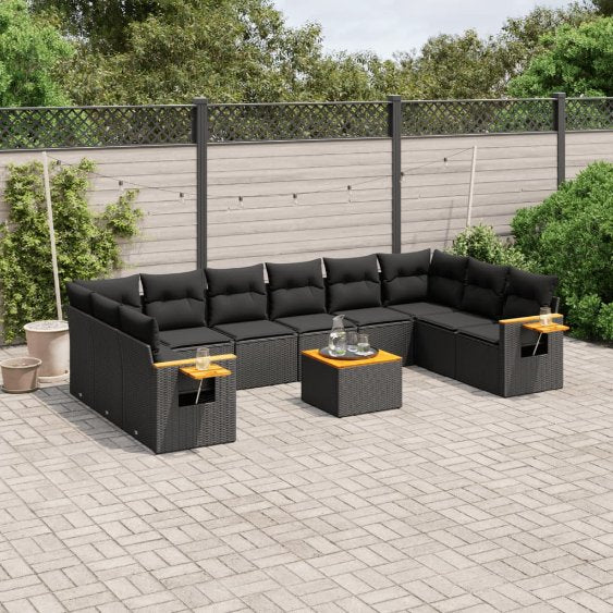 vidaXL 10-tlg. Garten-Sofagarnitur mit Kissen Schwarz Poly Rattan