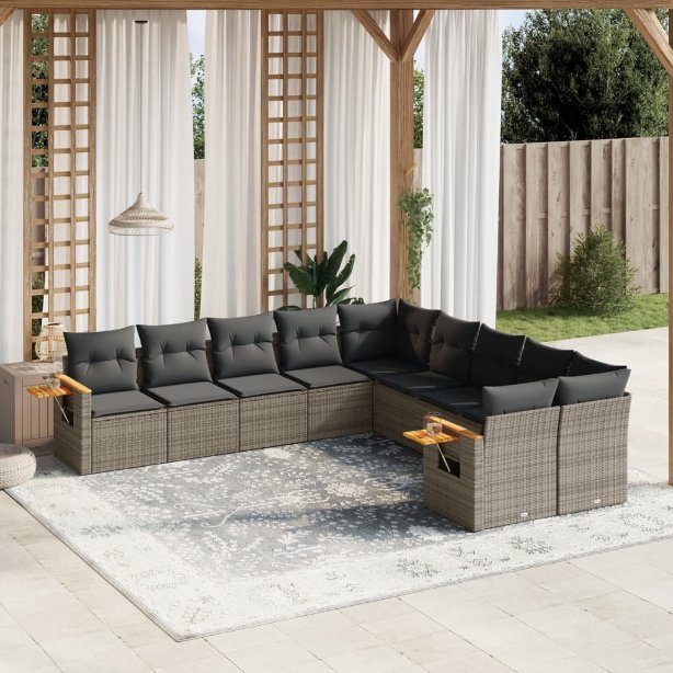 vidaXL 10-tlg. Garten-Sofagarnitur mit Kissen Schwarz Poly Rattan