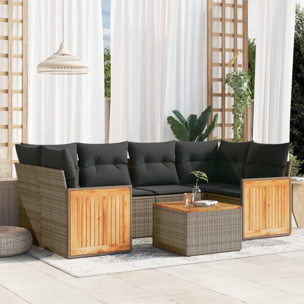 7-tlg. Garten-Sofagarnitur mit Kissen Schwarz Poly Rattan