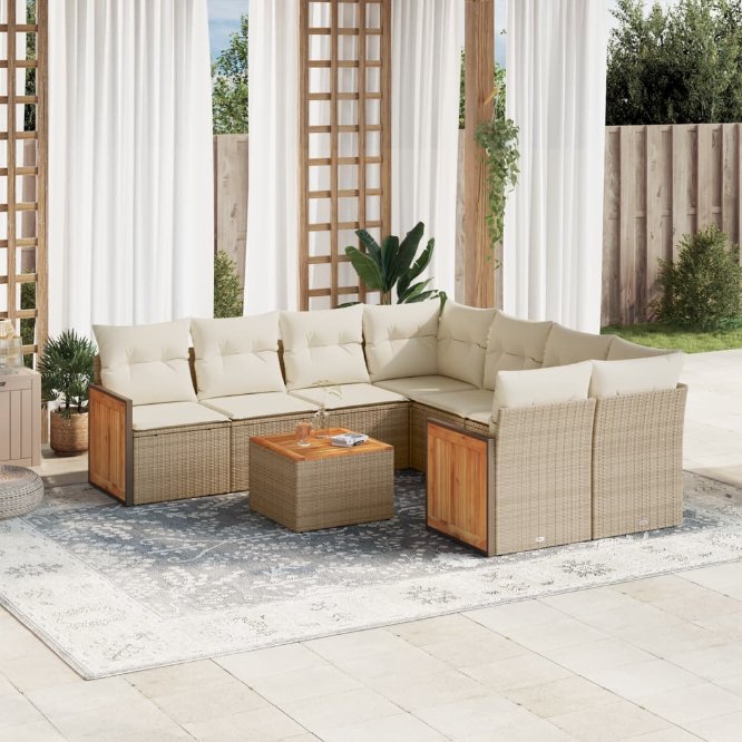 9-tlg. Garten-Sofagarnitur mit Kissen Schwarz Poly Rattan