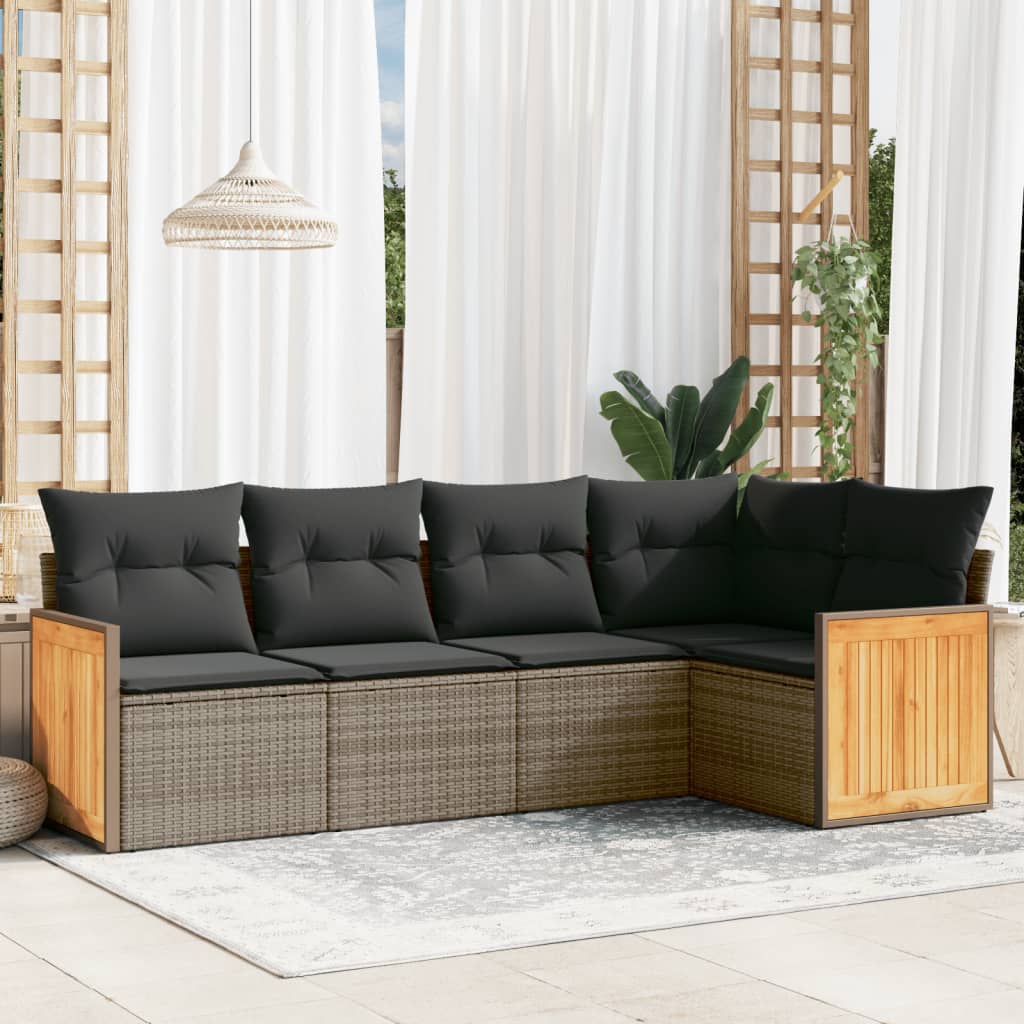 5-tlg. Garten-Sofagarnitur mit Kissen Schwarz Poly Rattan