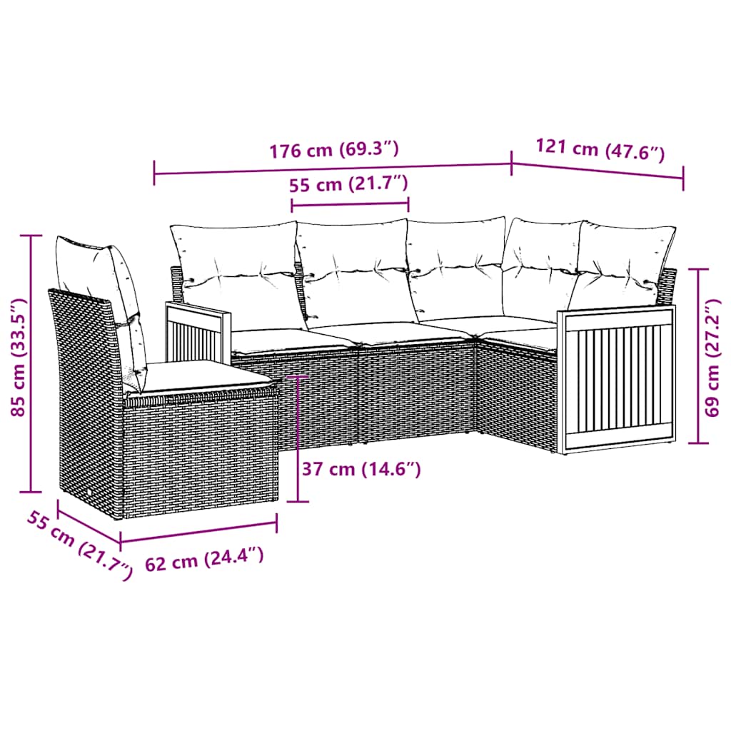 5-tlg. Garten-Sofagarnitur mit Kissen Schwarz Poly Rattan