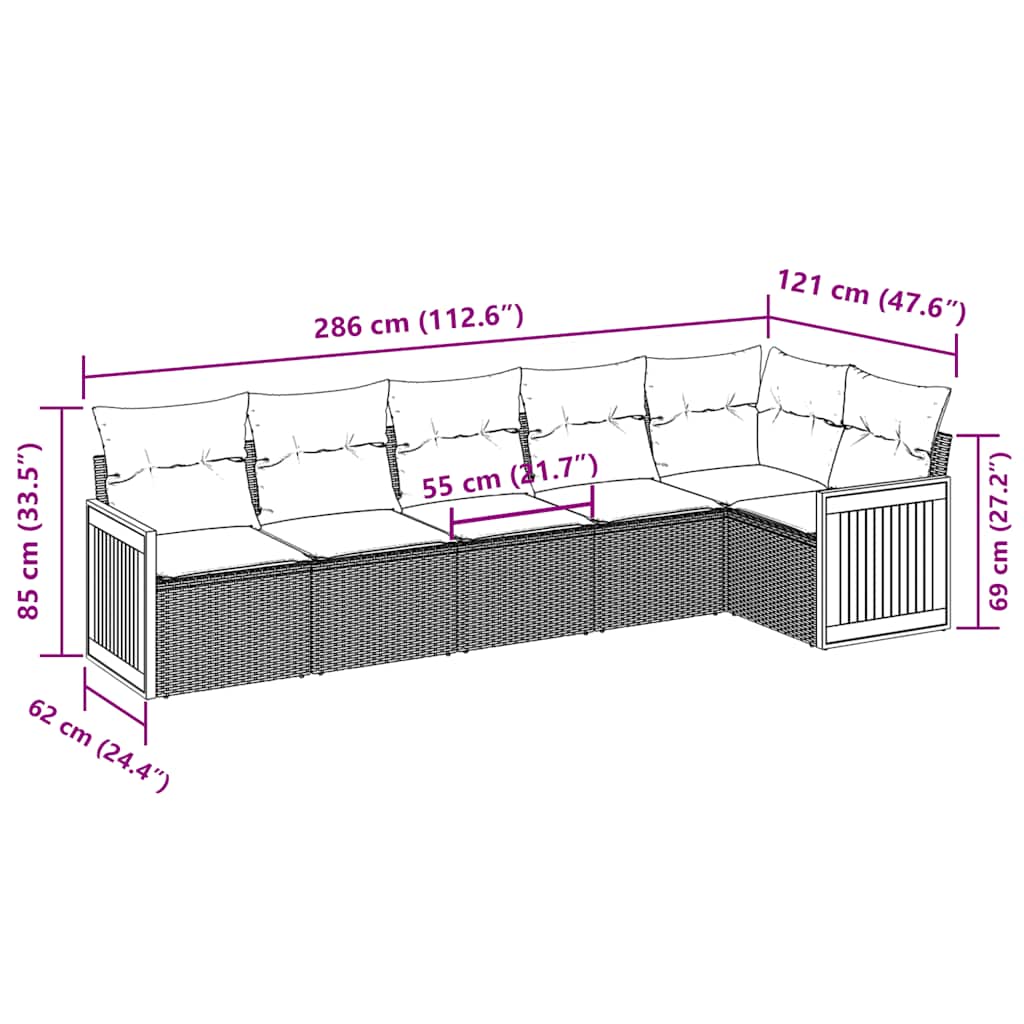 6-tlg. Garten-Sofagarnitur mit Kissen Schwarz Poly Rattan
