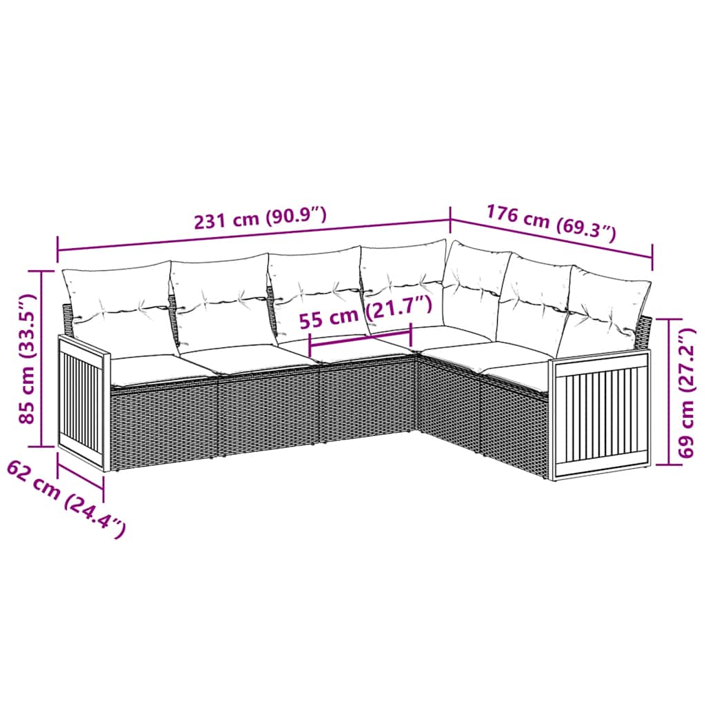 6-tlg. Garten-Sofagarnitur mit Kissen Schwarz Poly Rattan