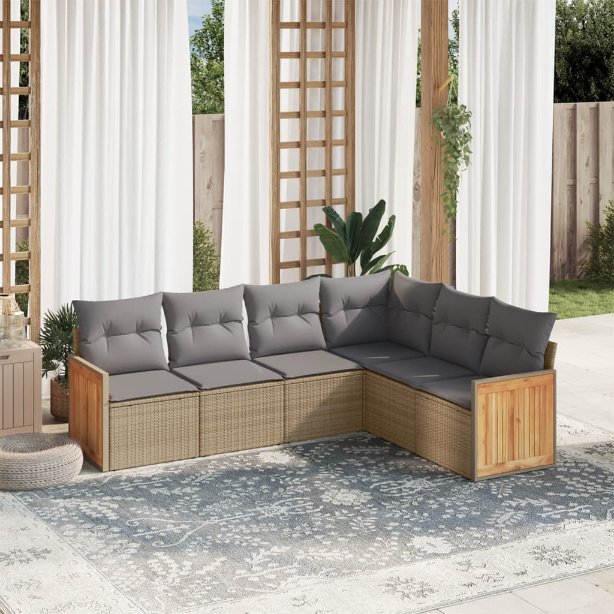 6-tlg. Garten-Sofagarnitur mit Kissen Schwarz Poly Rattan