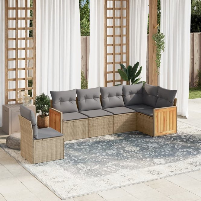 6-tlg. Garten-Sofagarnitur mit Kissen Schwarz Poly Rattan