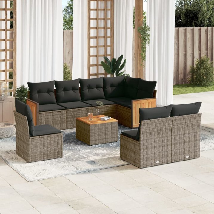 8-tlg. Garten-Sofagarnitur mit Kissen Schwarz Poly Rattan
