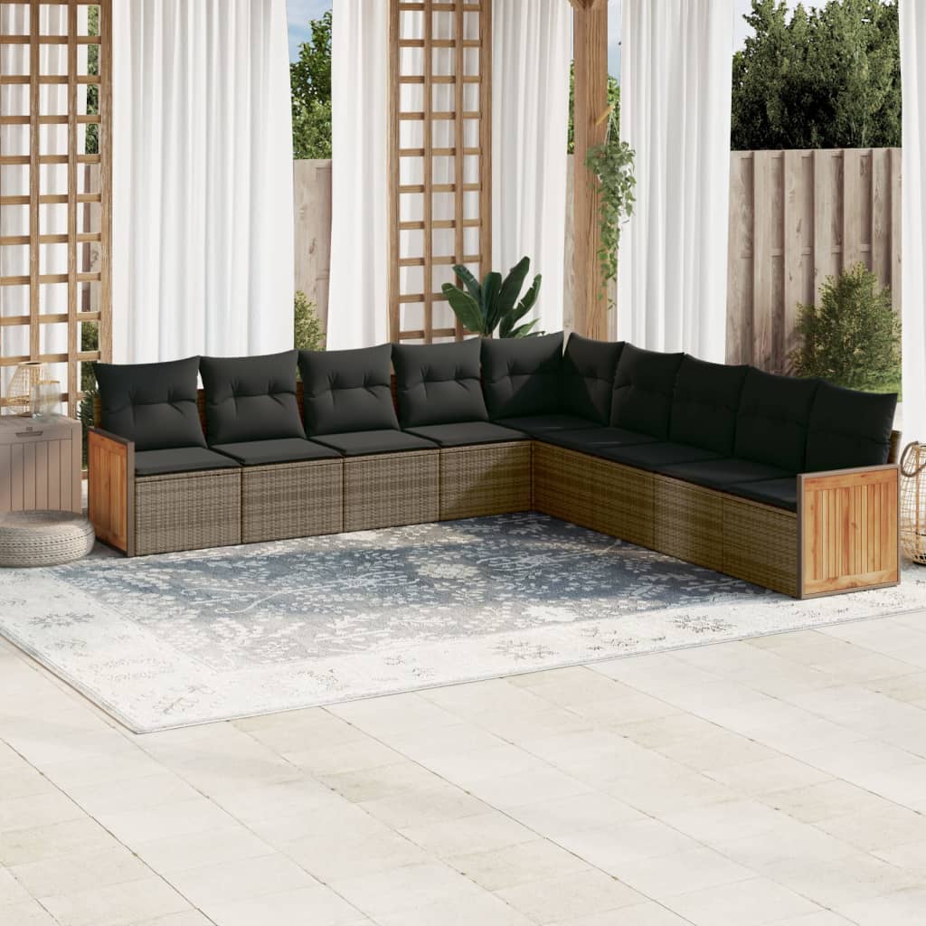 9-tlg. Garten-Sofagarnitur mit Kissen Schwarz Poly Rattan