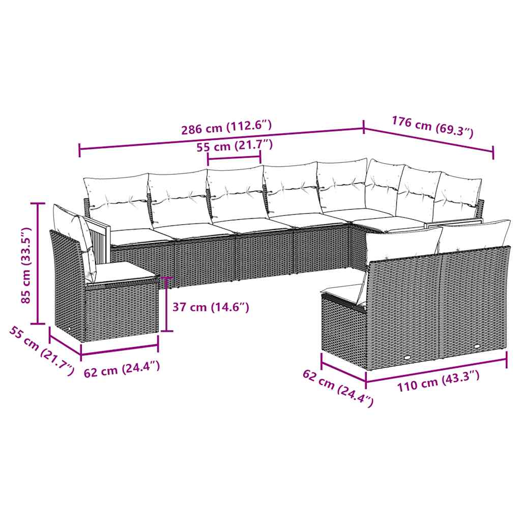 vidaXL 10-tlg. Garten-Sofagarnitur mit Kissen Schwarz Poly Rattan