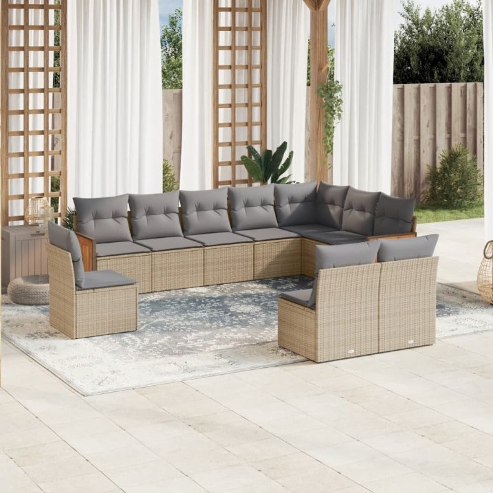 vidaXL 10-tlg. Garten-Sofagarnitur mit Kissen Schwarz Poly Rattan