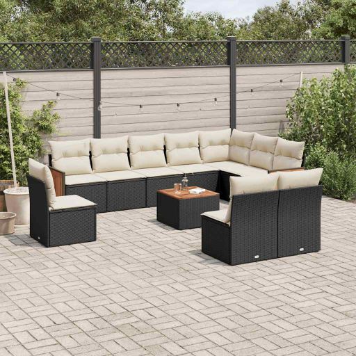vidaXL 10-tlg. Garten-Sofagarnitur mit Kissen Schwarz Poly Rattan