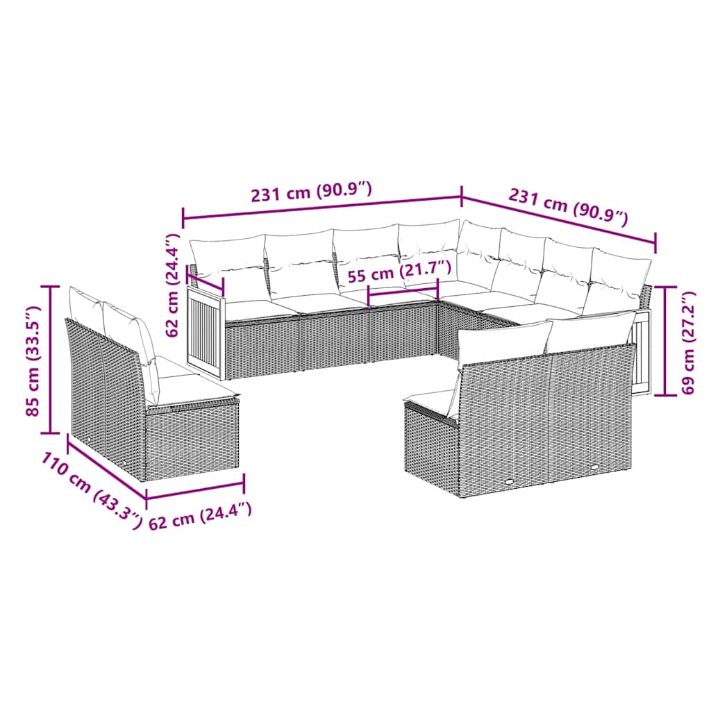 vidaXL 11-tlg. Garten-Sofagarnitur mit Kissen Schwarz Poly Rattan