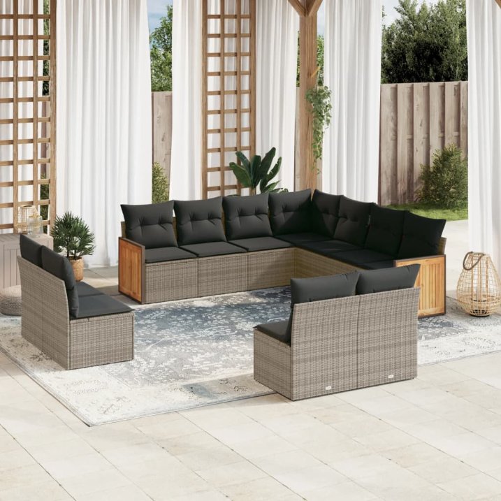 vidaXL 11-tlg. Garten-Sofagarnitur mit Kissen Schwarz Poly Rattan