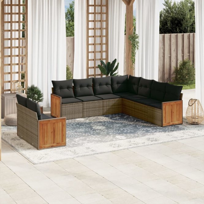 9-tlg. Garten-Sofagarnitur mit Kissen Schwarz Poly Rattan