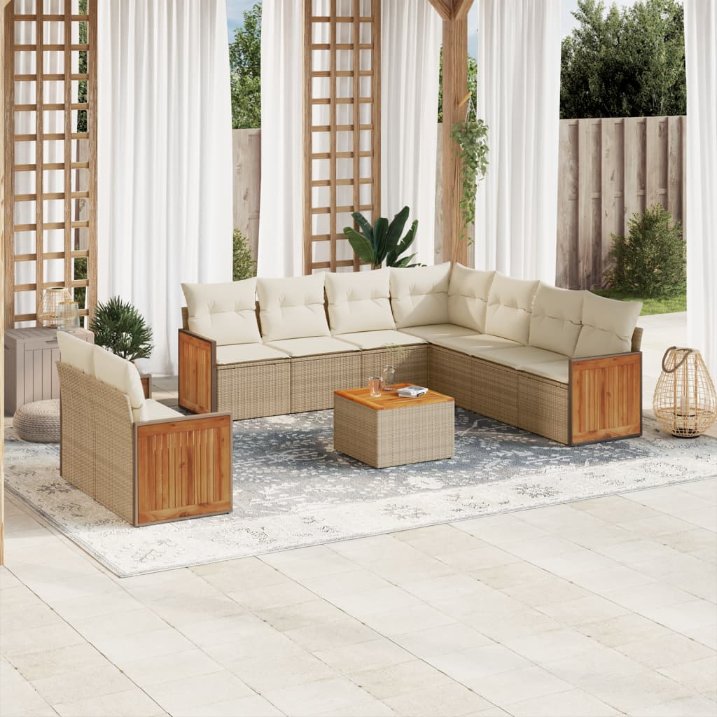 9-tlg. Garten-Sofagarnitur mit Kissen Schwarz Poly Rattan