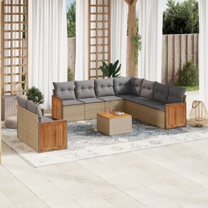 9-tlg. Garten-Sofagarnitur mit Kissen Schwarz Poly Rattan