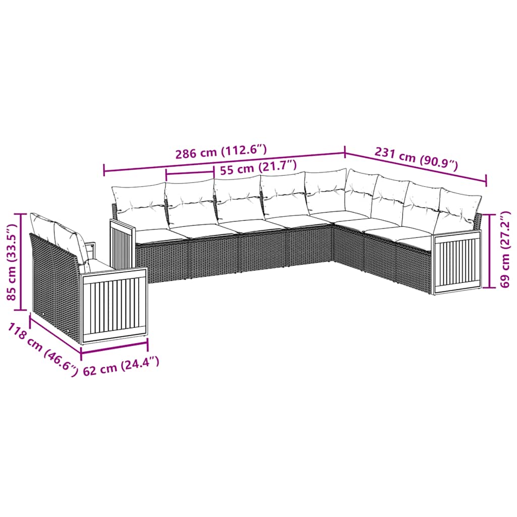 vidaXL 10-tlg. Garten-Sofagarnitur mit Kissen Schwarz Poly Rattan