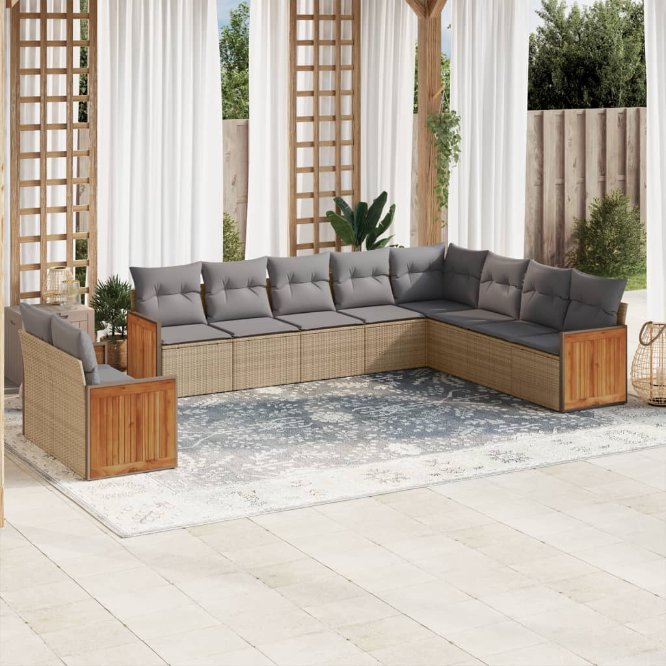 vidaXL 10-tlg. Garten-Sofagarnitur mit Kissen Schwarz Poly Rattan