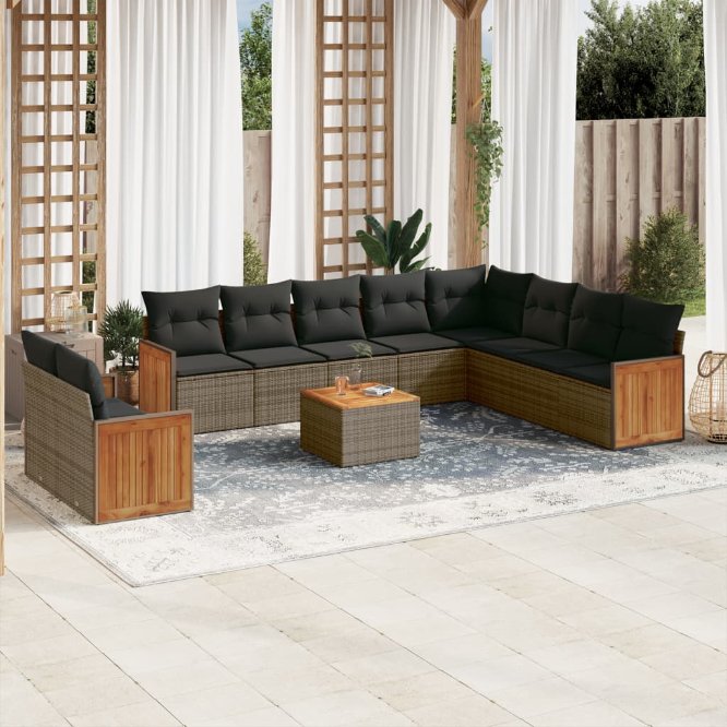 vidaXL 10-tlg. Garten-Sofagarnitur mit Kissen Schwarz Poly Rattan