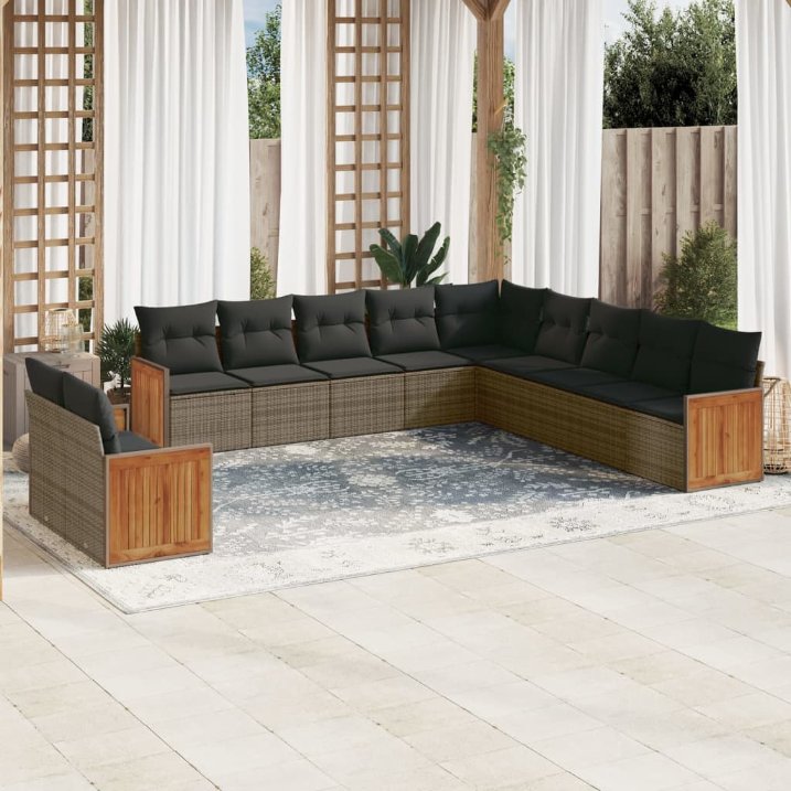 vidaXL 11-tlg. Garten-Sofagarnitur mit Kissen Schwarz Poly Rattan