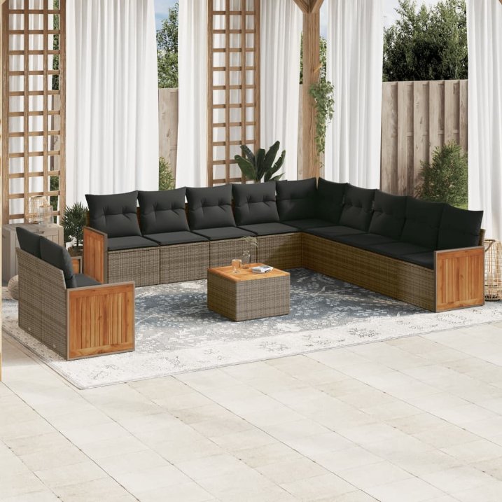 vidaXL 11-tlg. Garten-Sofagarnitur mit Kissen Schwarz Poly Rattan