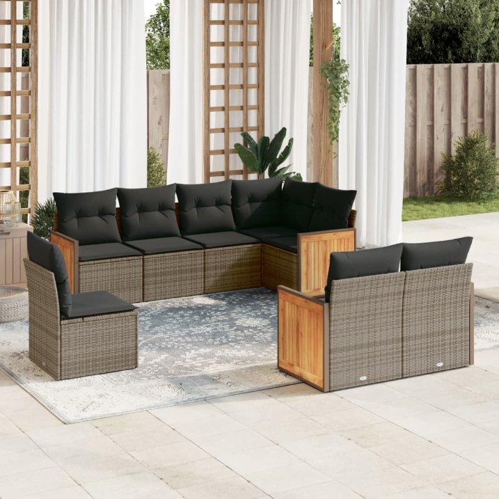 8-tlg. Garten-Sofagarnitur mit Kissen Schwarz Poly Rattan