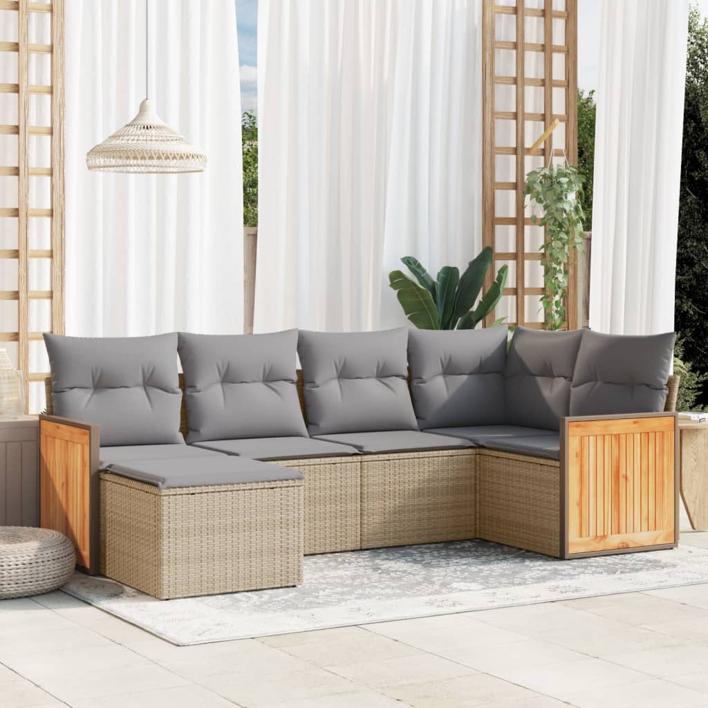 6-tlg. Garten-Sofagarnitur mit Kissen Schwarz Poly Rattan